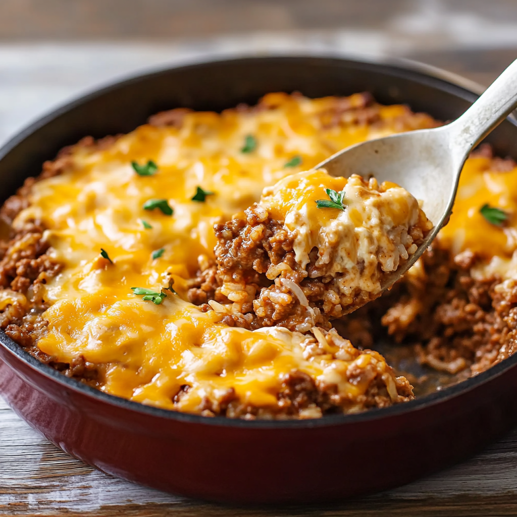 Ground Beef and Cheesy Rice Skillet