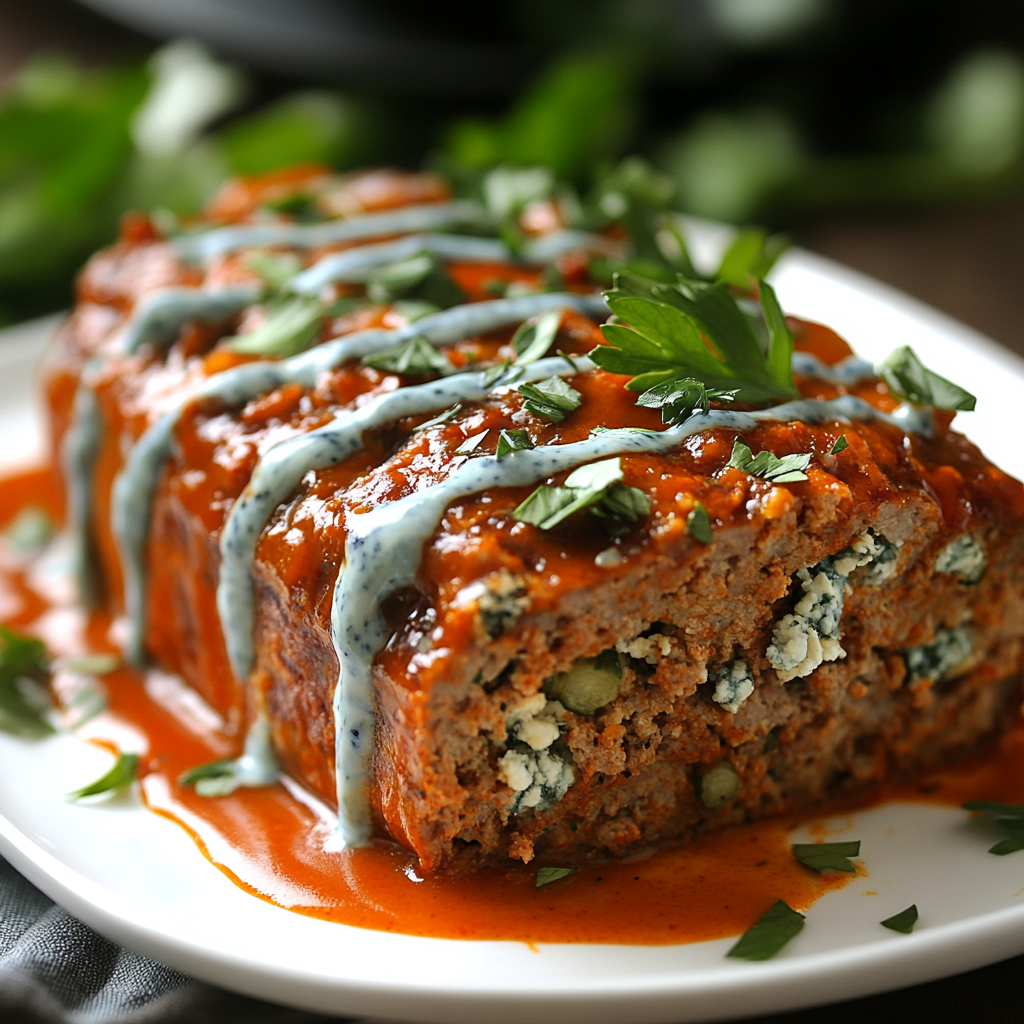 Spicy Buffalo Meatloaf with Tangy Blue Cheese Drizzle