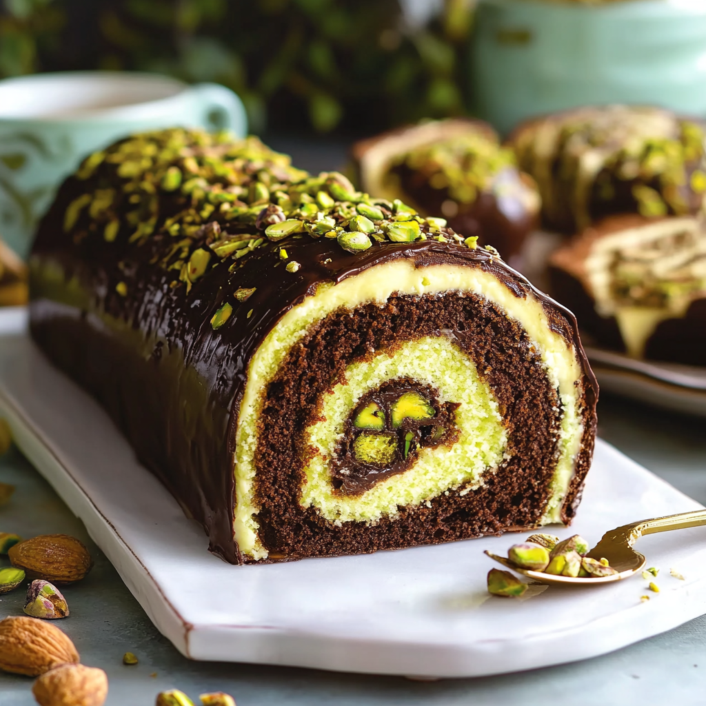 Chocolate Pistachio Roll Cake