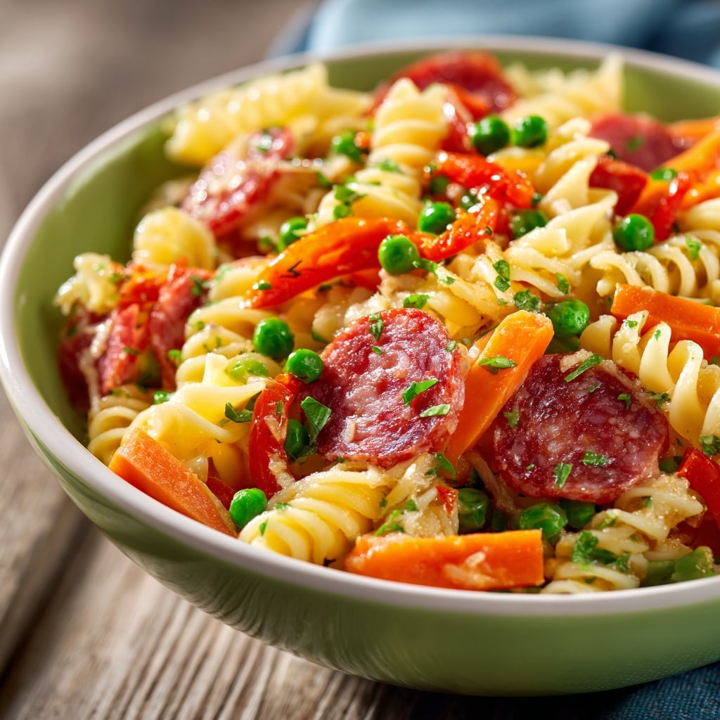 Pasta Salad with Salami, Carrots, Peas, and Roasted Red Peppers