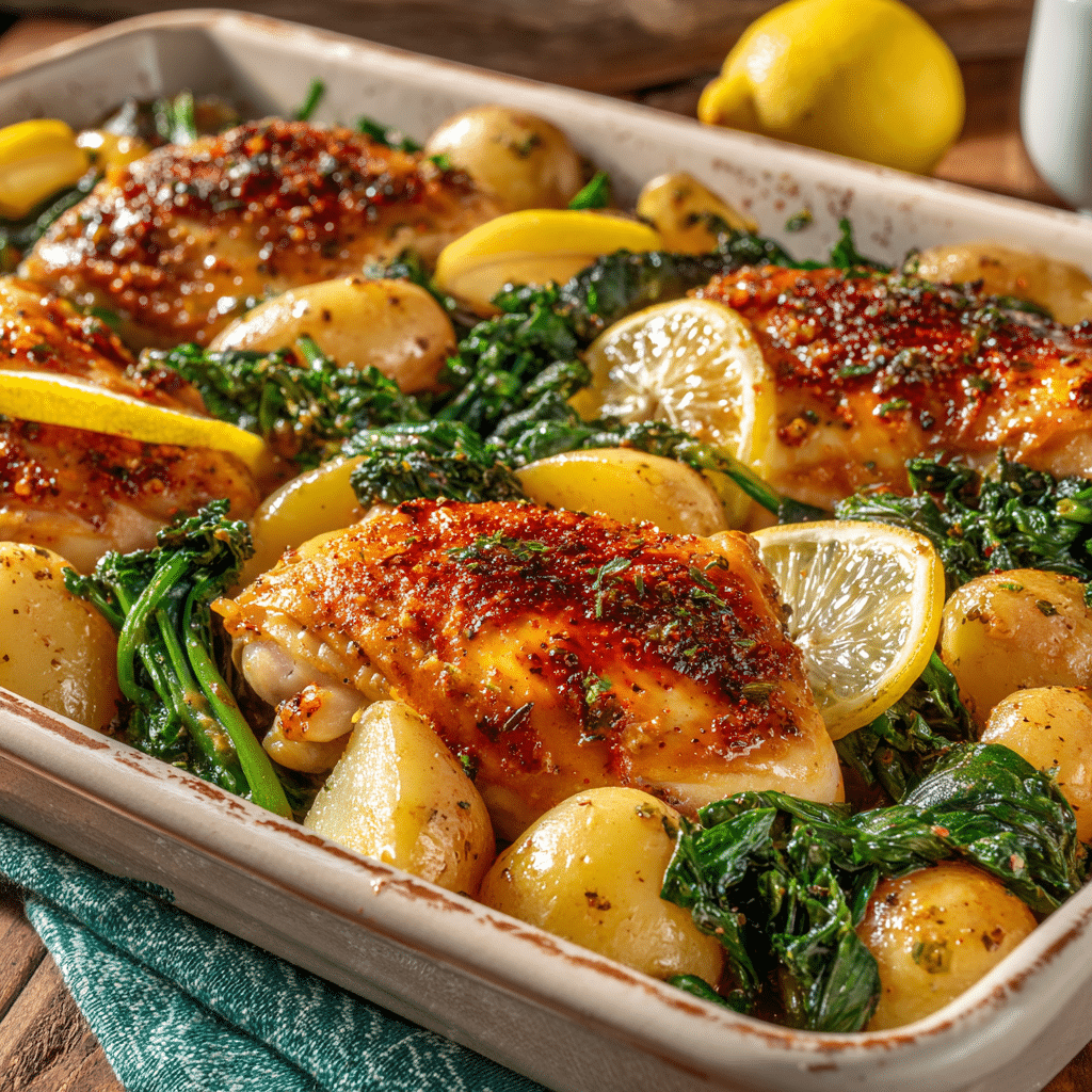 Honey Mustard Sheet Pan Chicken with Potatoes and Greens