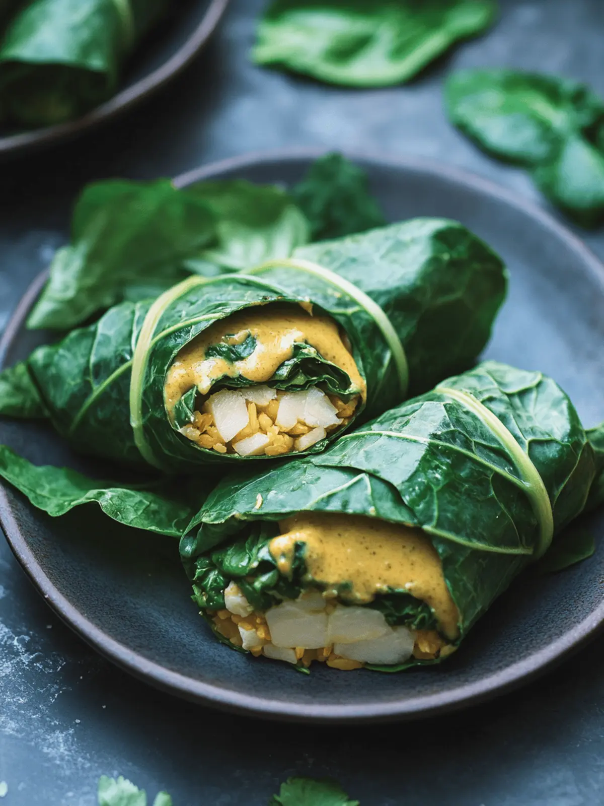 Collard Green Wraps with Green Curry Tahini Sauce