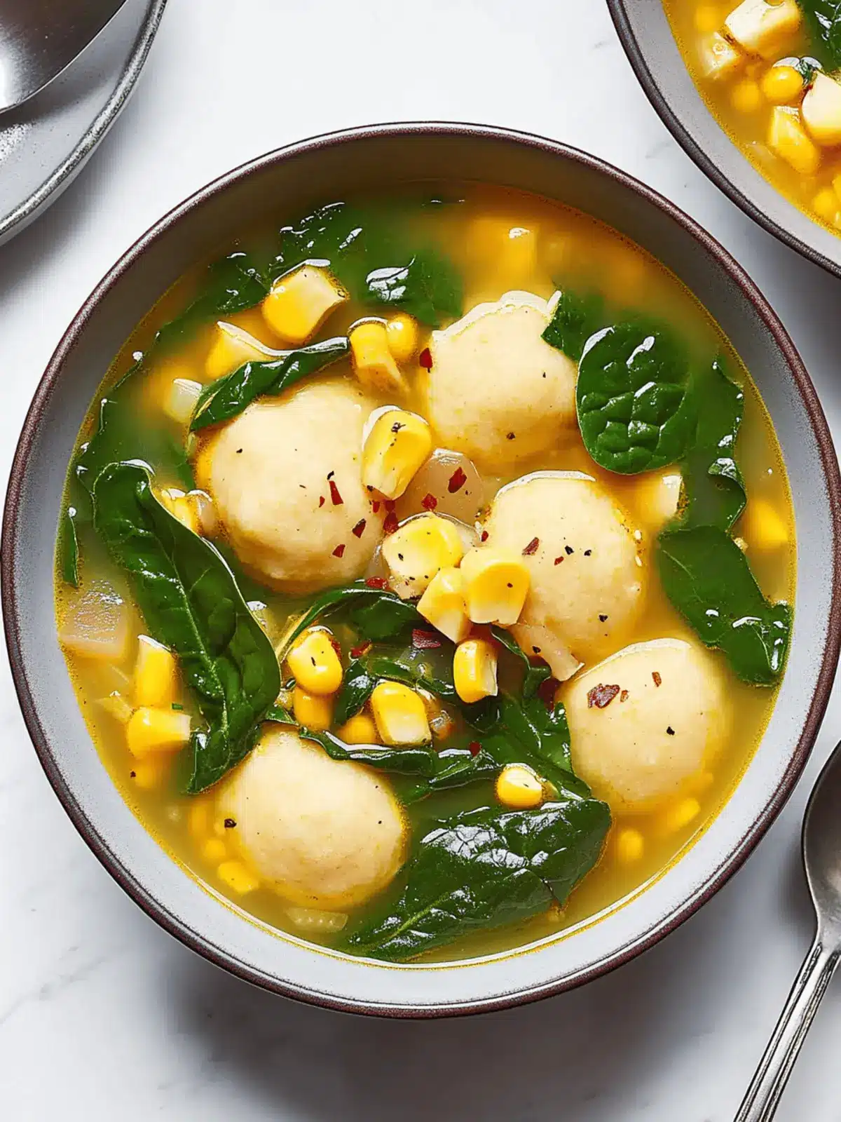 Delicious Azafrán Soup with Spinach & Cornmeal Dumplings 3 Azafrán Soup With Spinach Greens and Yellow Cornmeal Dumplings