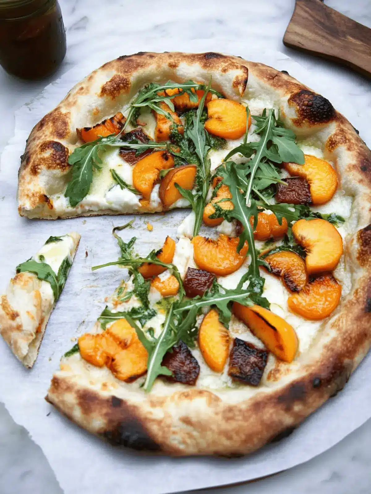 White Pizza with Sweetpotatoes, Peaches & Arugula