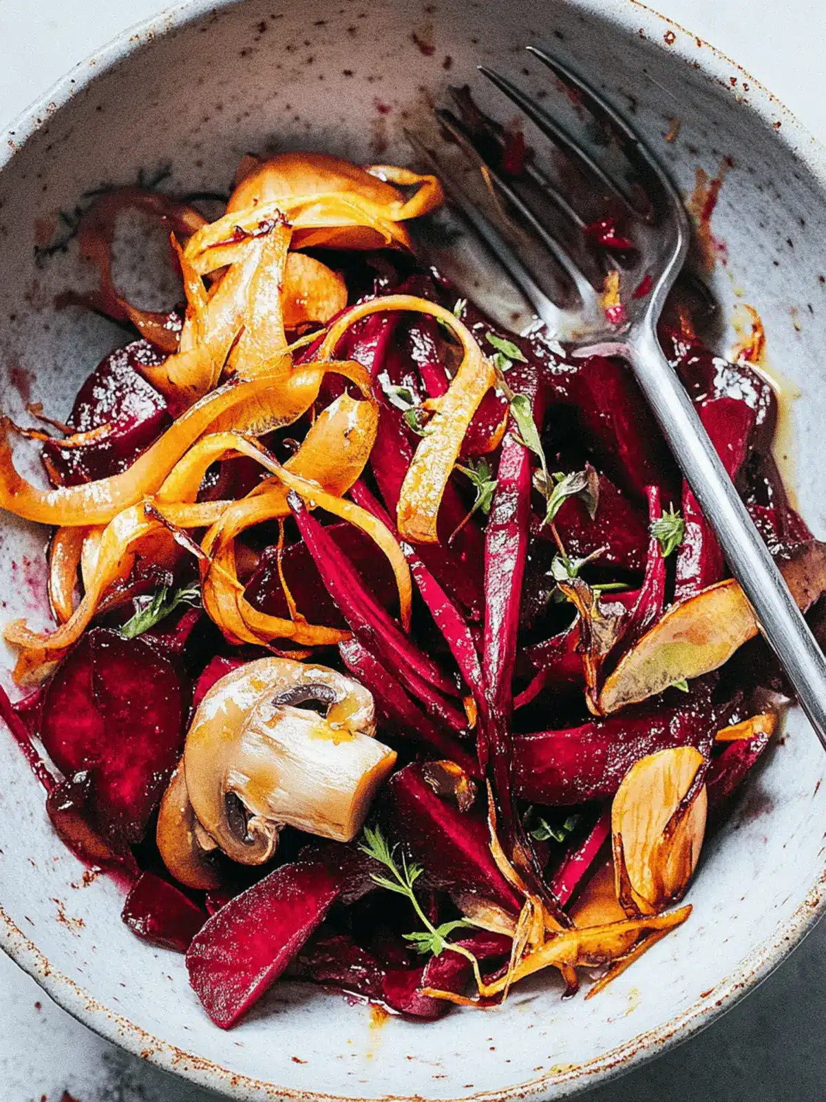 Beet Salad With Pickled Mushrooms and Caramelized Shallots