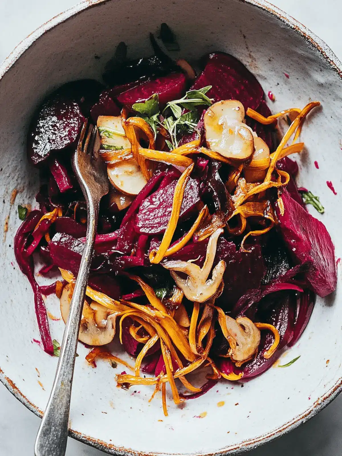 Beet Salad With Pickled Mushrooms and Caramelized Shallots