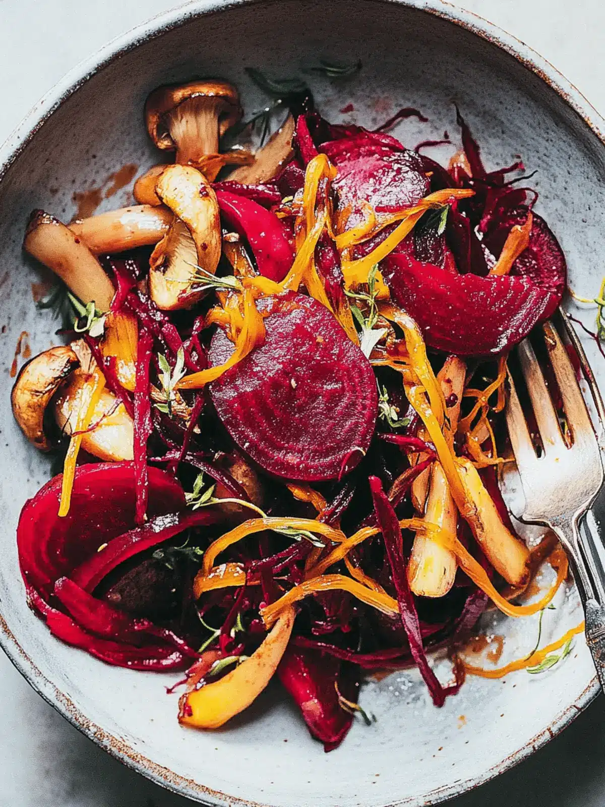 Beet Salad With Pickled Mushrooms and Caramelized Shallots