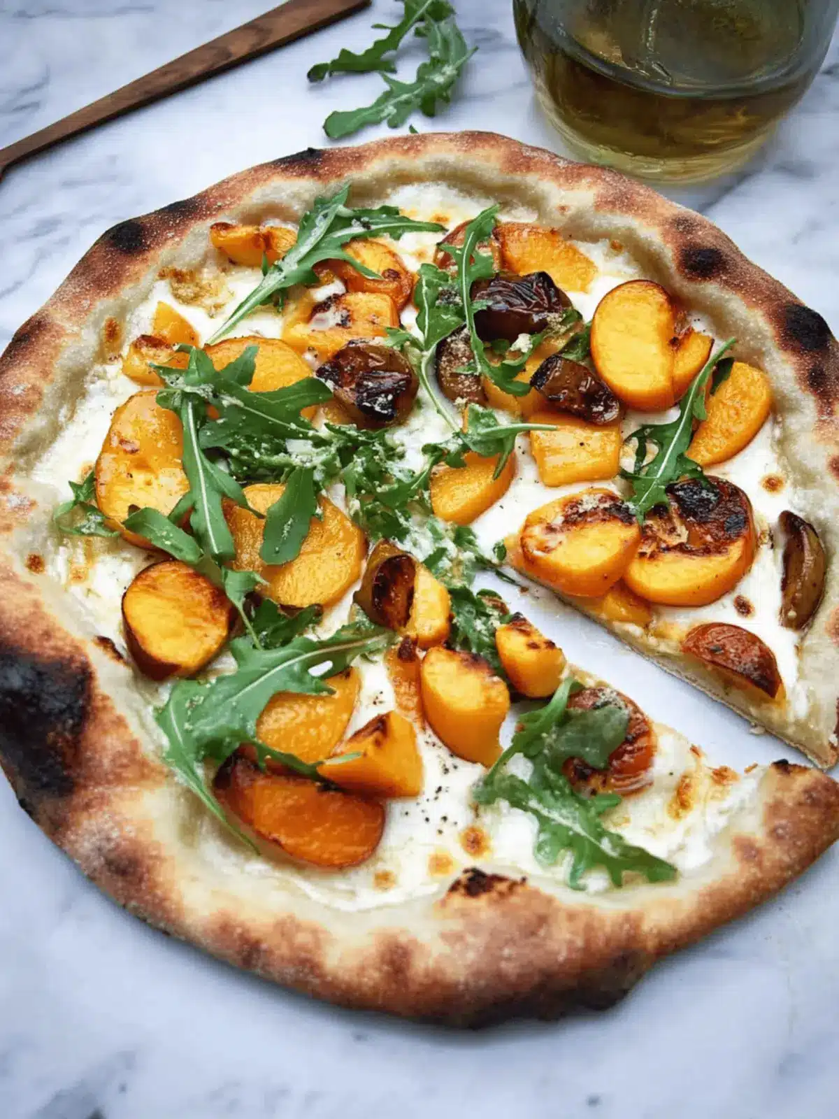 White Pizza with Sweetpotatoes, Peaches & Arugula