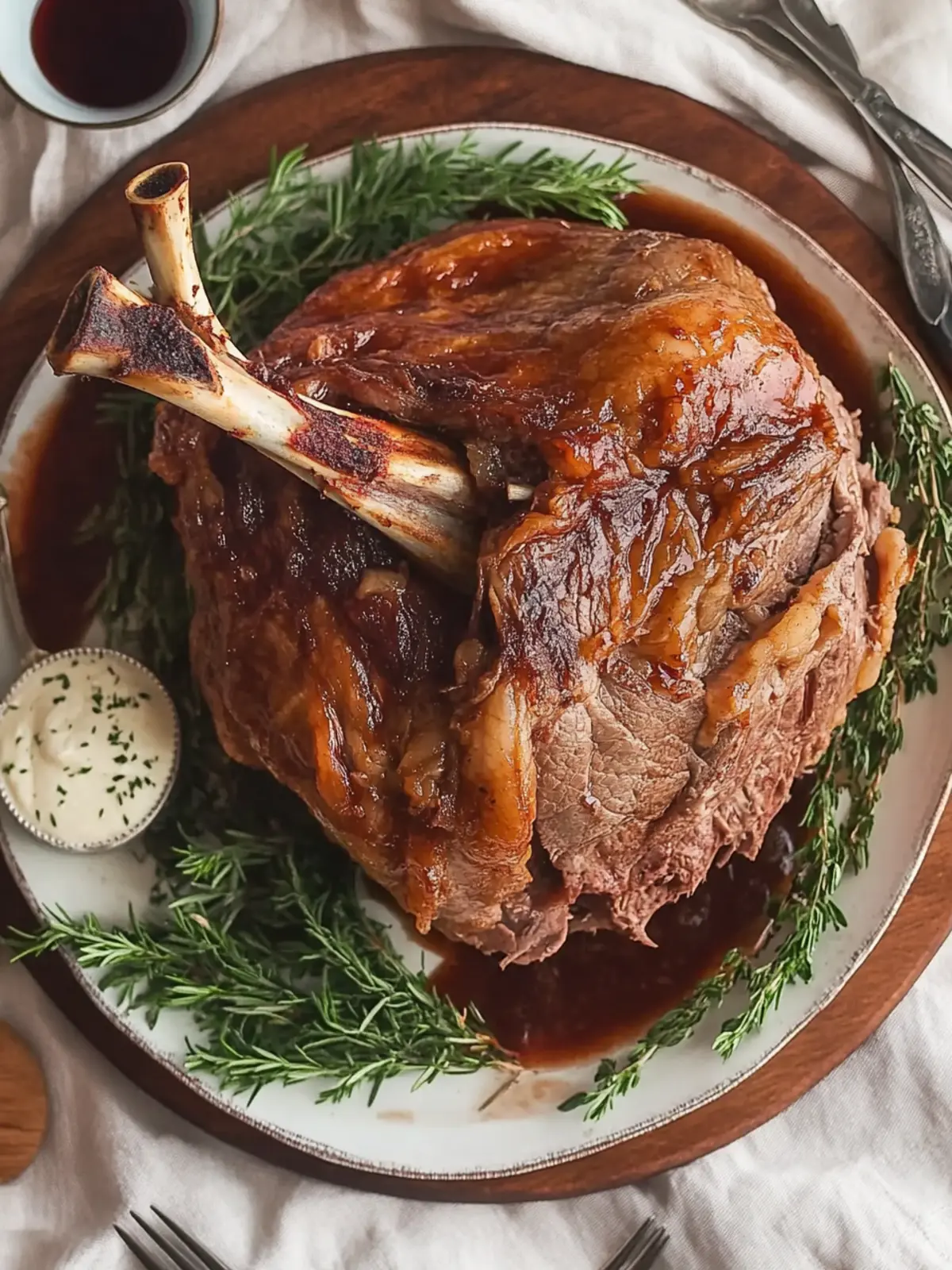 Pulled leg of lamb with red wine sauce