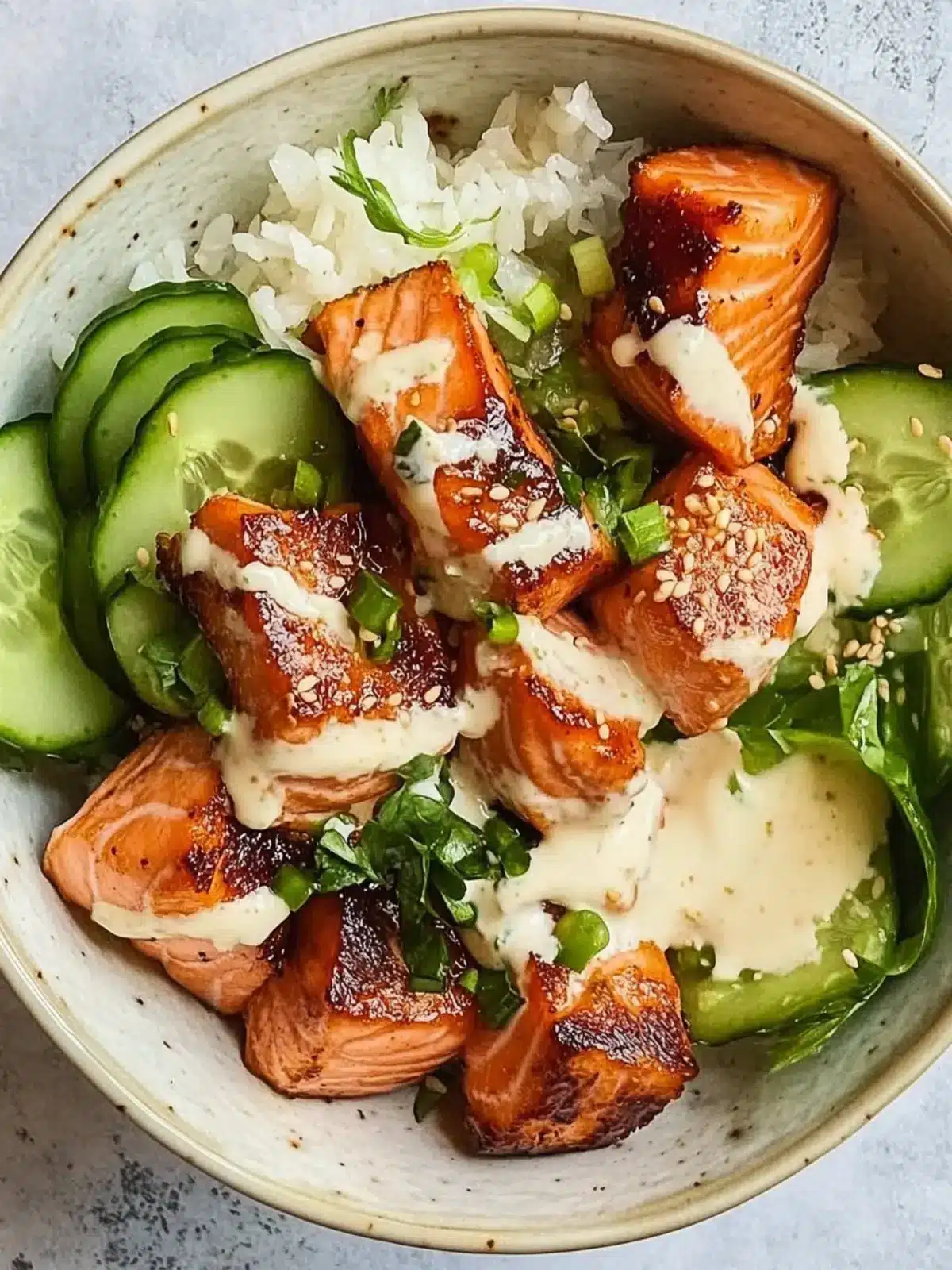 Salmon Bites Bowl with Cucumber Salad