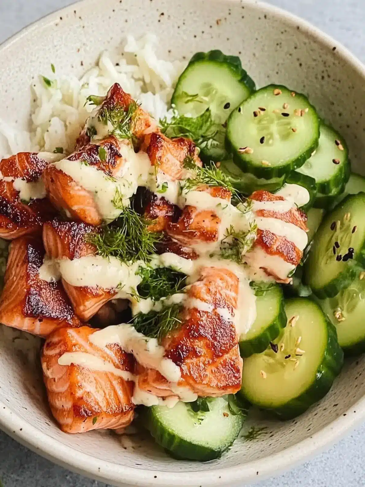 Salmon Bites Bowl with Cucumber Salad