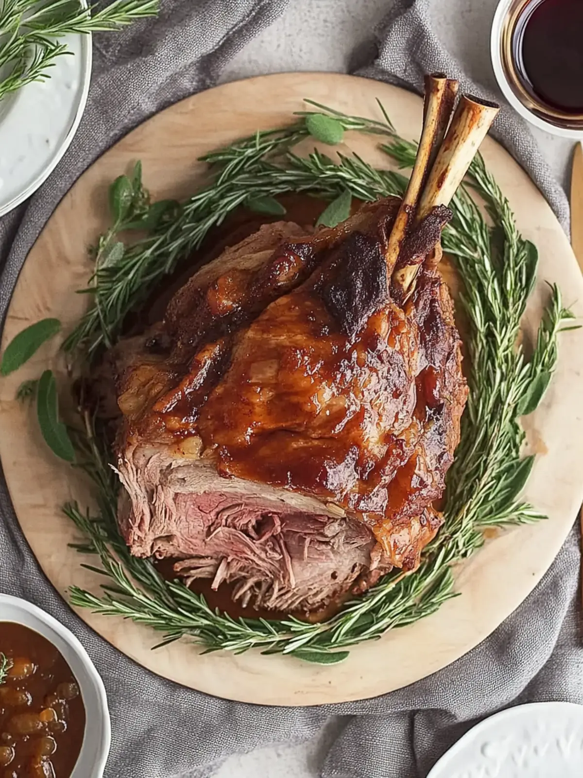 Pulled leg of lamb with red wine sauce