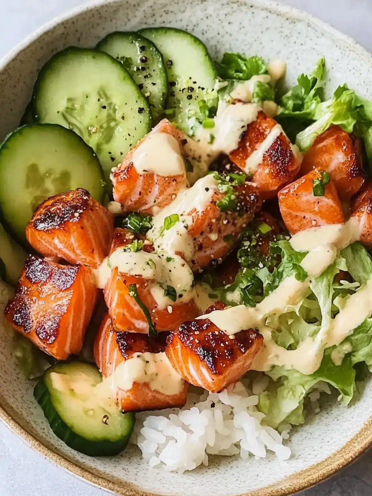 Salmon Bites Bowl with Cucumber Salad