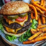 Juicy Beef Burgers with Crispy Sweet Potato Fries Delight 2 Beef burgers with sweet potato fries