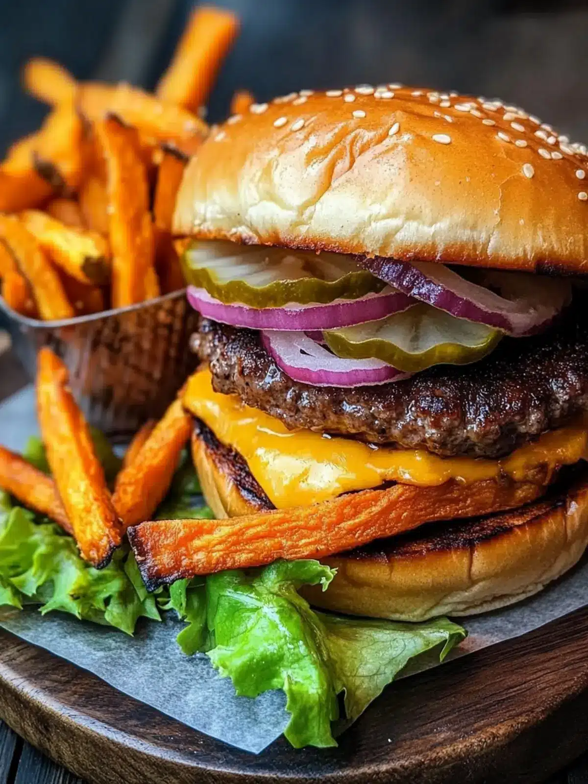 Juicy Beef Burgers with Crispy Sweet Potato Fries Delight 2 Beef burgers with sweet potato fries