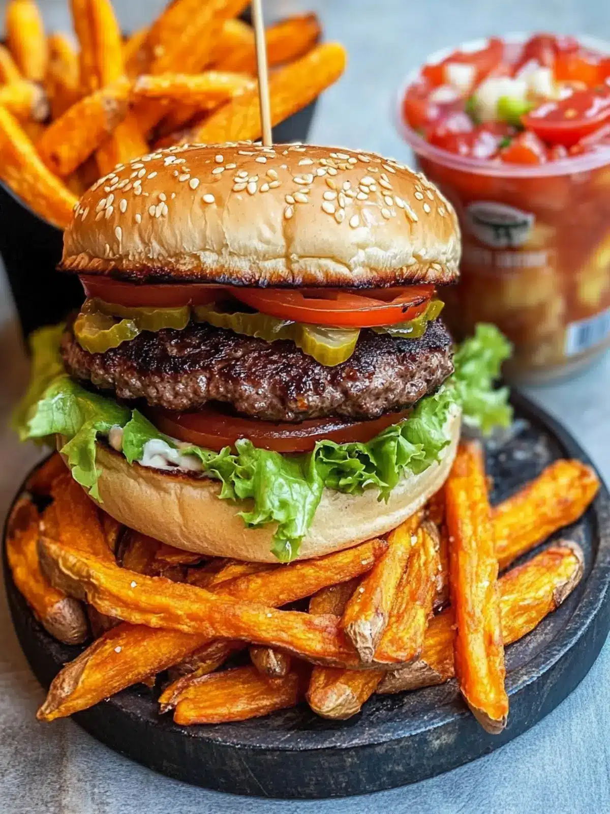Juicy Beef Burgers with Crispy Sweet Potato Fries Delight 4 Beef burgers with sweet potato fries