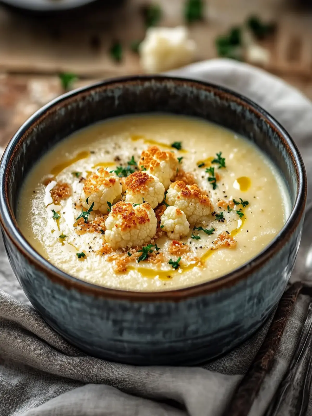 Roasted Garlic Cheddar Cauliflower Soup