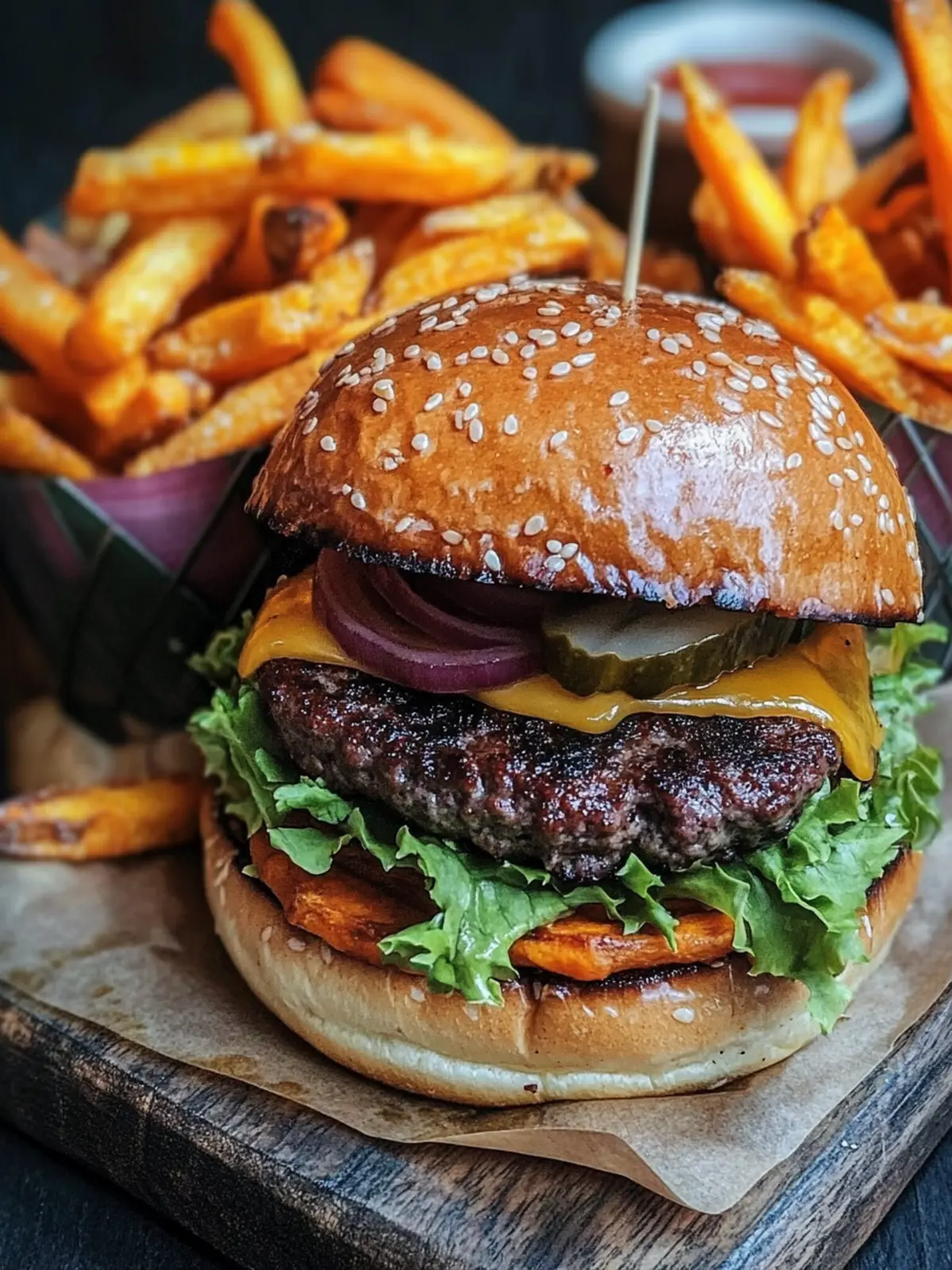Juicy Beef Burgers with Crispy Sweet Potato Fries Delight 3 Beef burgers with sweet potato fries