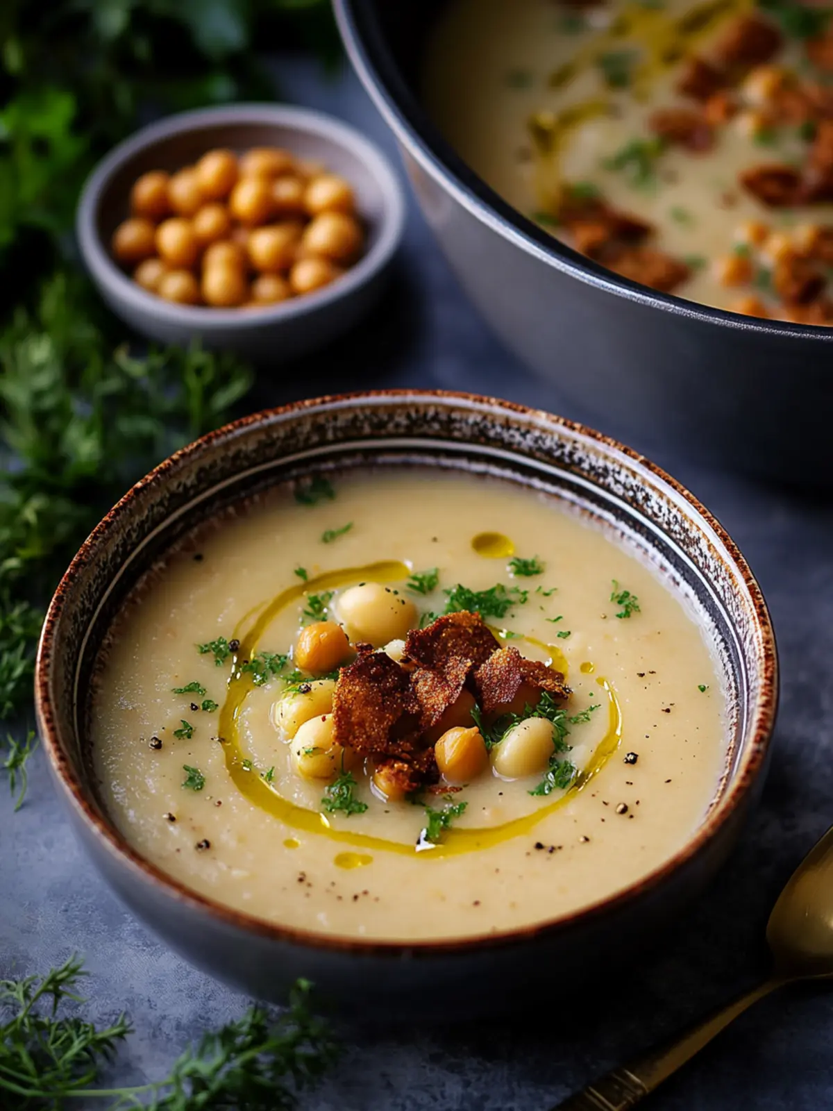 Potato and White Bean Soup with Crispy Chickpeas
