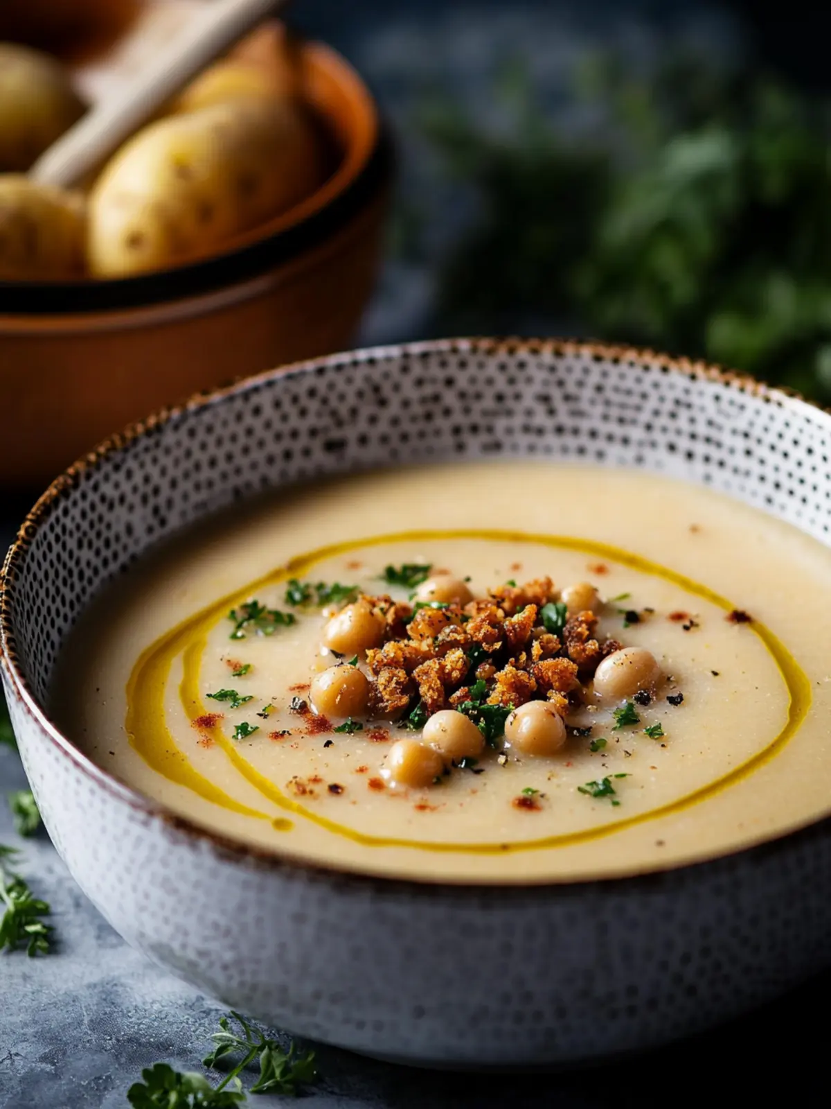 Potato and White Bean Soup with Crispy Chickpeas