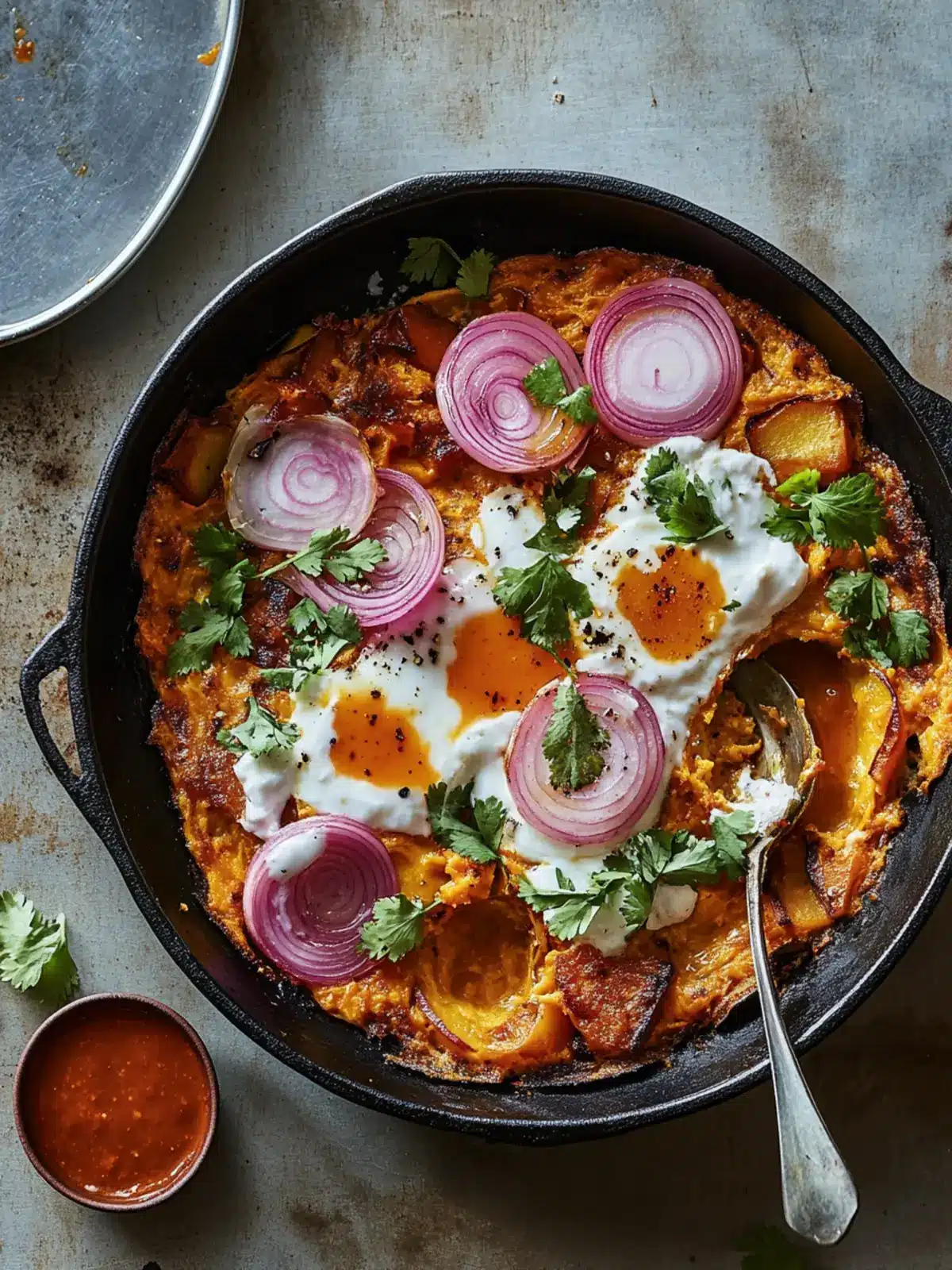 Sweet Potato Shakshuka With Sriracha Butter & Pickled Onions