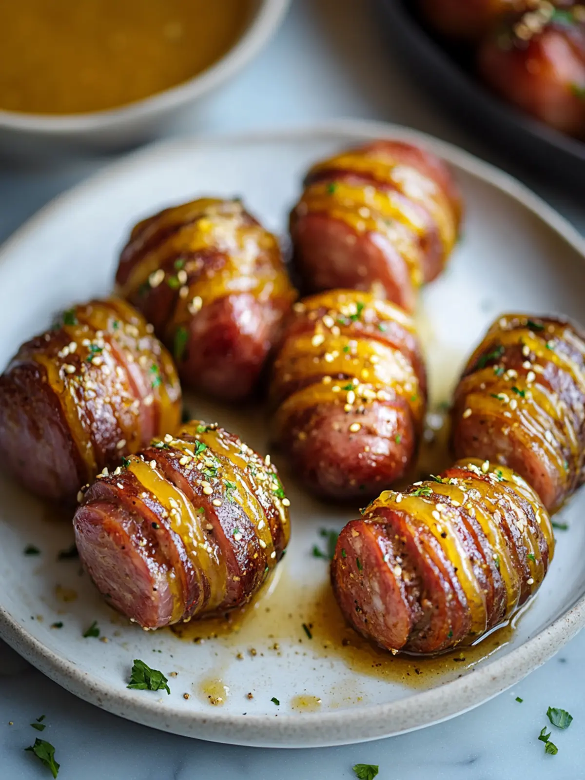Mustard Hasselback Kielbasa Bites