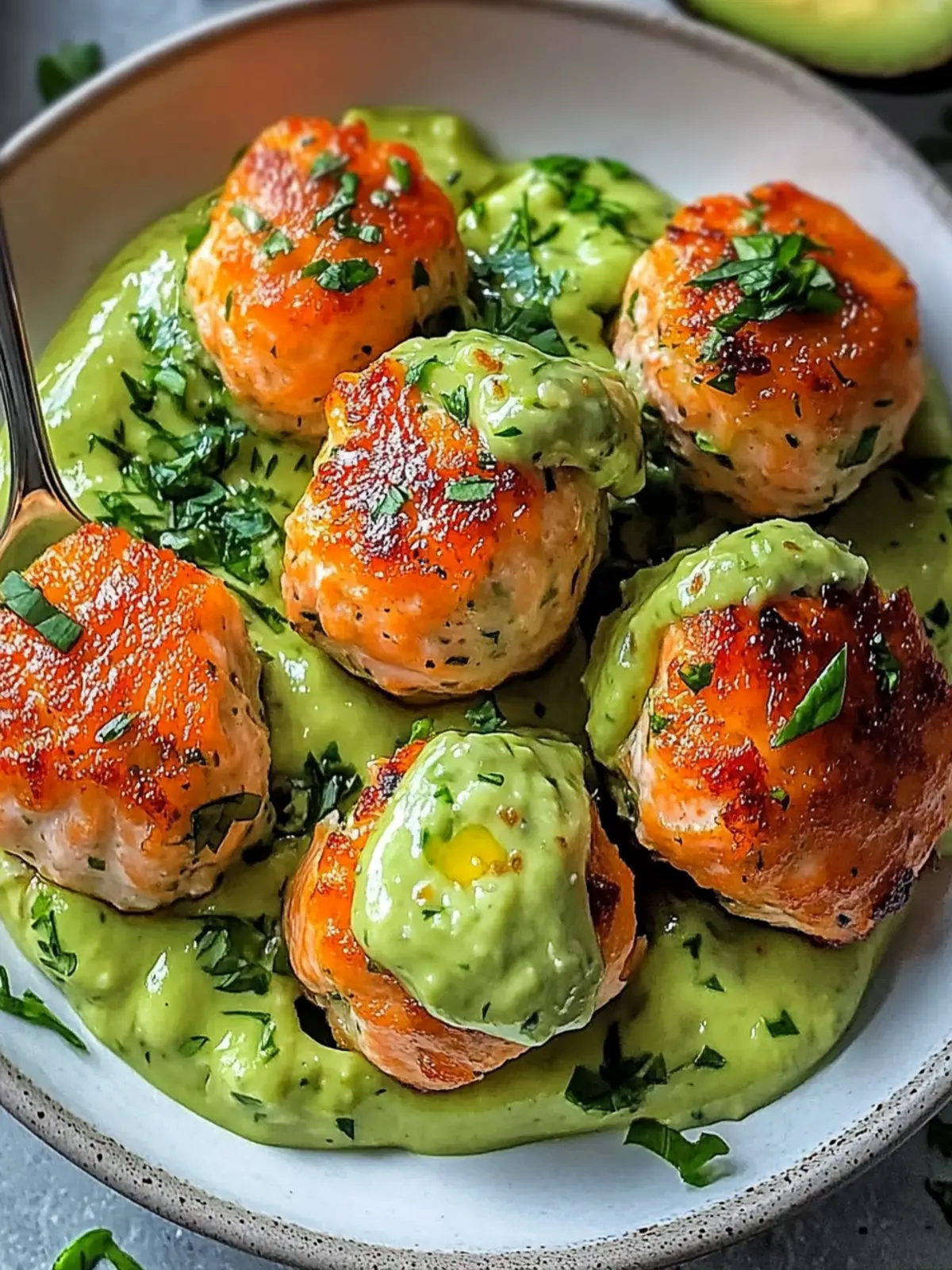 Salmon Balls with Creamy Avocado Sauce