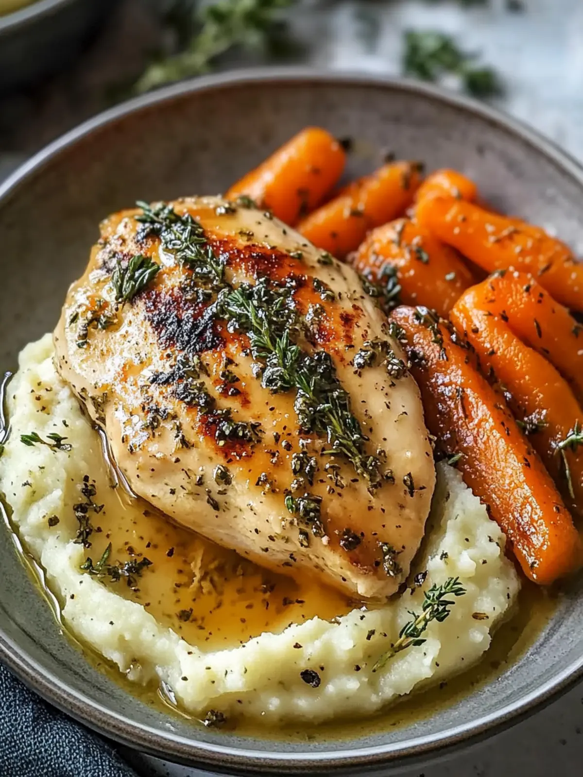 Creamy Herb Chicken with Mashed Potatoes and Honey Glazed Carrots
