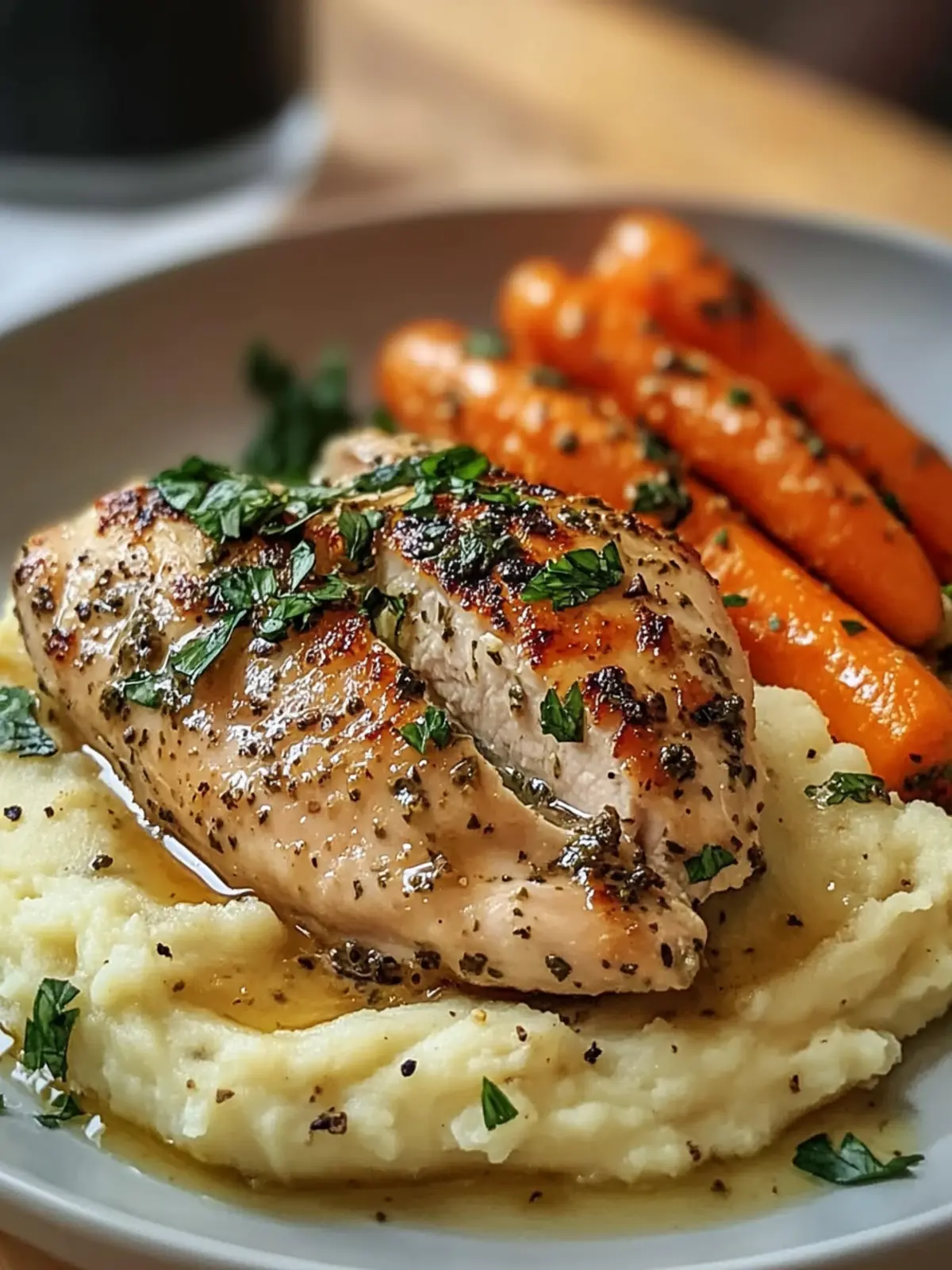 Creamy Herb Chicken with Mashed Potatoes and Honey Glazed Carrots