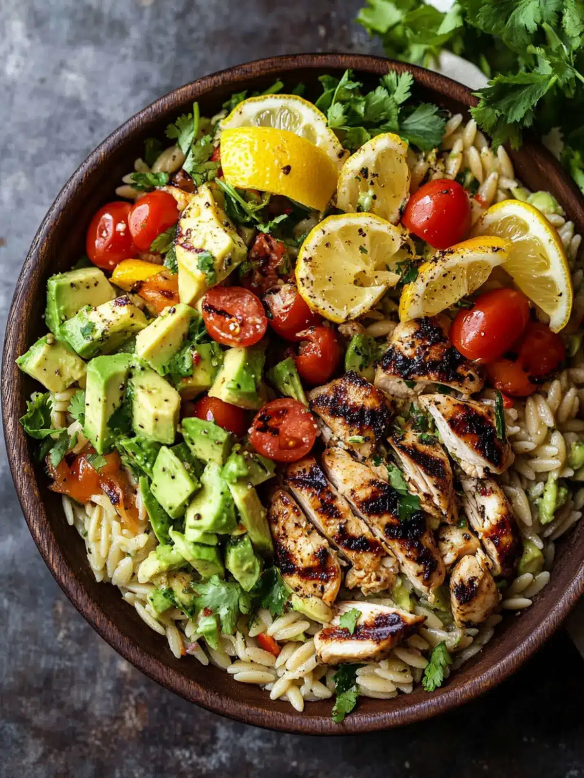 Cinco de Mayo Grilled Lemon Herb Chicken Avocado Orzo Salad