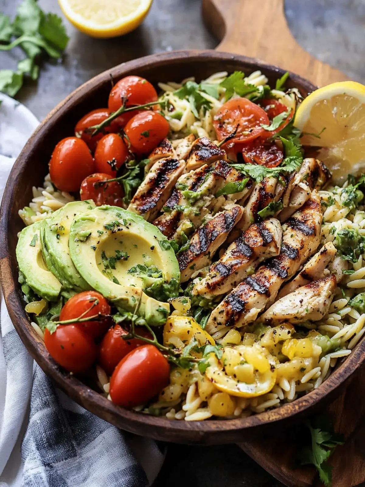 Cinco de Mayo Grilled Lemon Herb Chicken Avocado Orzo Salad