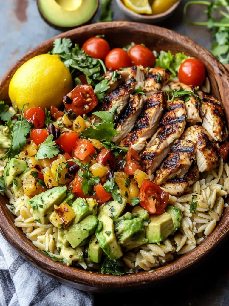 Cinco de Mayo Grilled Lemon Herb Chicken Avocado Orzo Salad