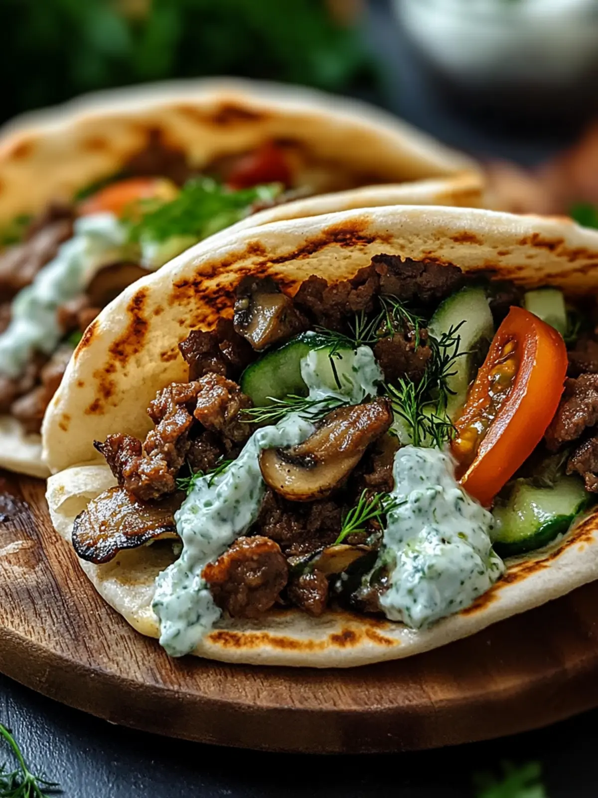 Cheesy Beef and Mushroom Pita Pockets with Tzatziki Sauce