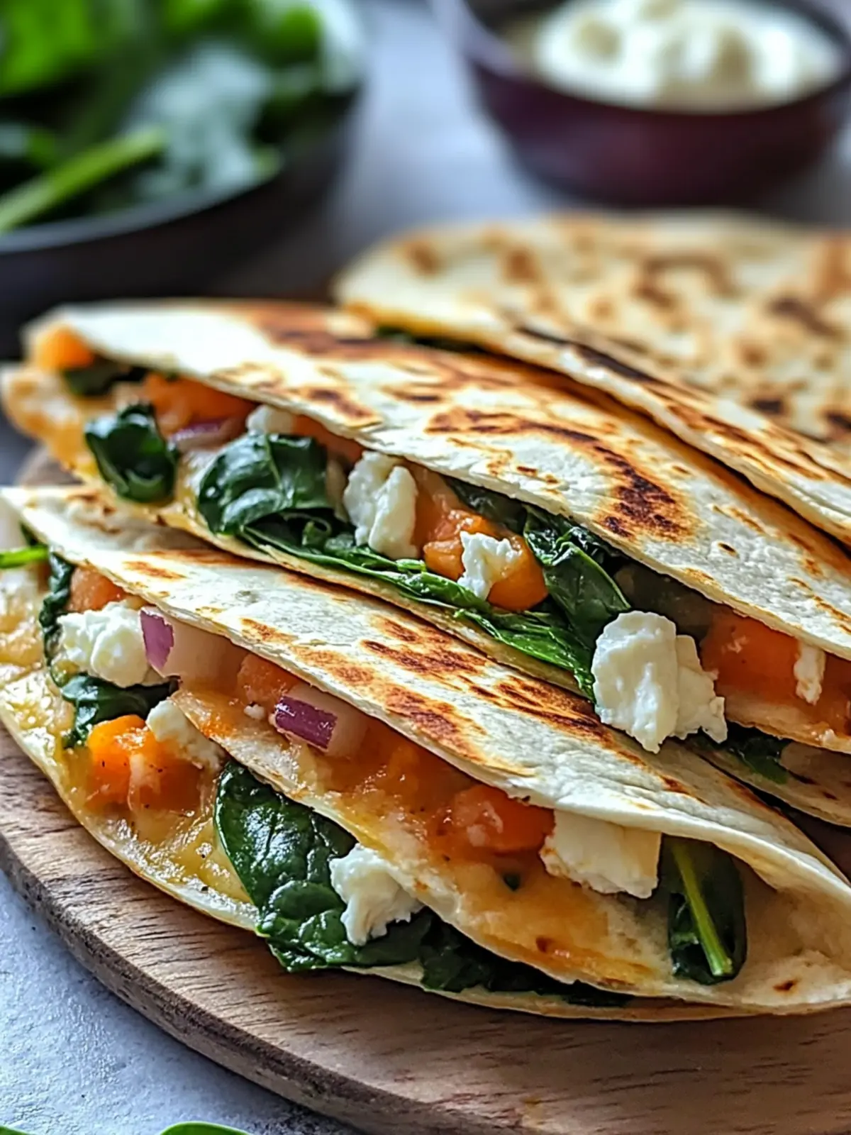 Mediterranean Quesadillas with Spinach, Feta, Mozzarella, and Red Onion