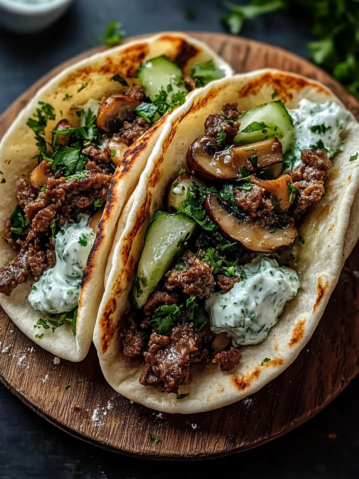Cheesy Beef and Mushroom Pita Pockets with Tzatziki Sauce