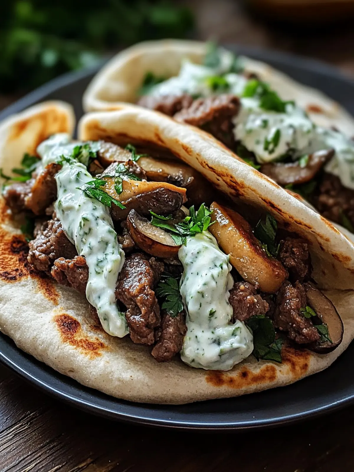 Cheesy Beef and Mushroom Pita Pockets with Tzatziki Sauce