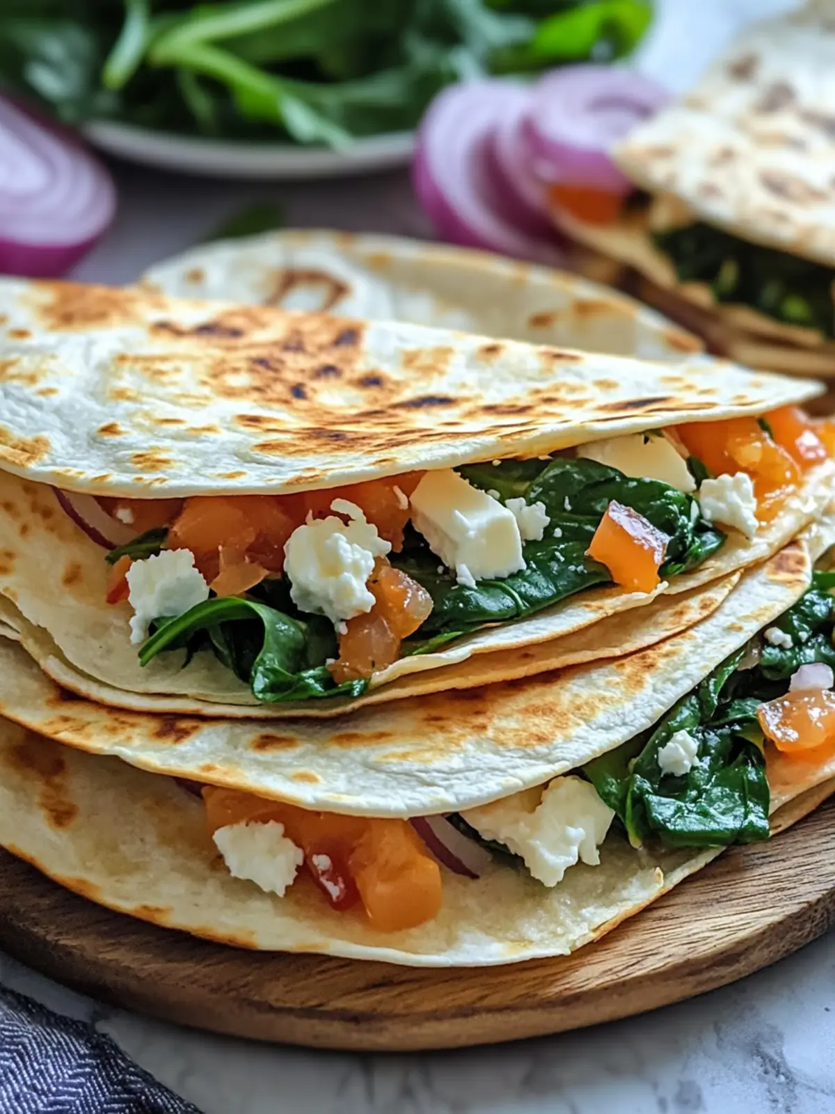 Mediterranean Quesadillas with Spinach, Feta, Mozzarella, and Red Onion