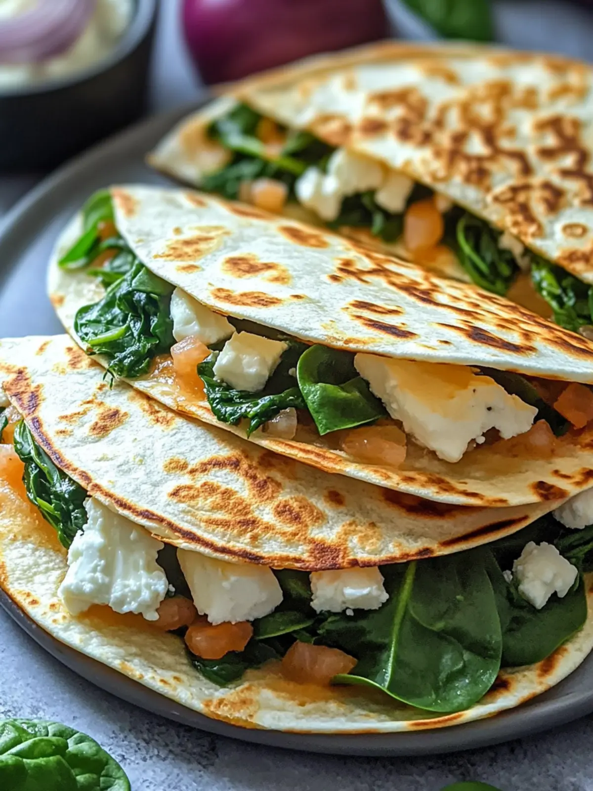 Mediterranean Quesadillas with Spinach, Feta, Mozzarella, and Red Onion