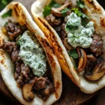 Cheesy Beef and Mushroom Pita Pockets with Tzatziki Sauce