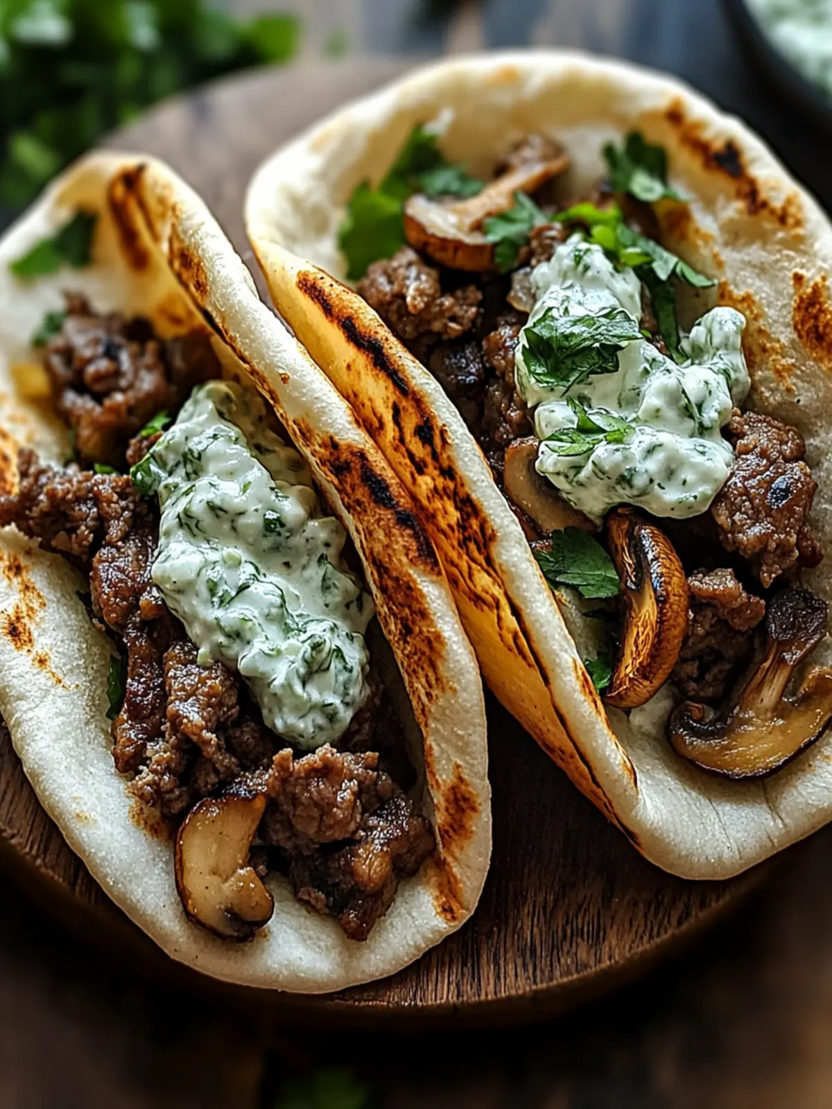Cheesy Beef and Mushroom Pita Pockets with Tzatziki Sauce