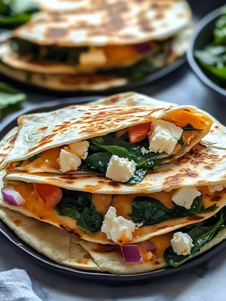 Mediterranean Quesadillas with Spinach, Feta, Mozzarella, and Red Onion